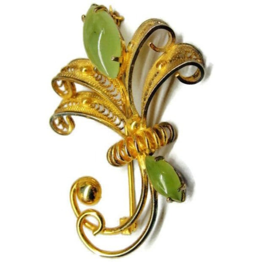 Sorrento Jade Flower Gold Plated 925 Sterling Silver Brooch